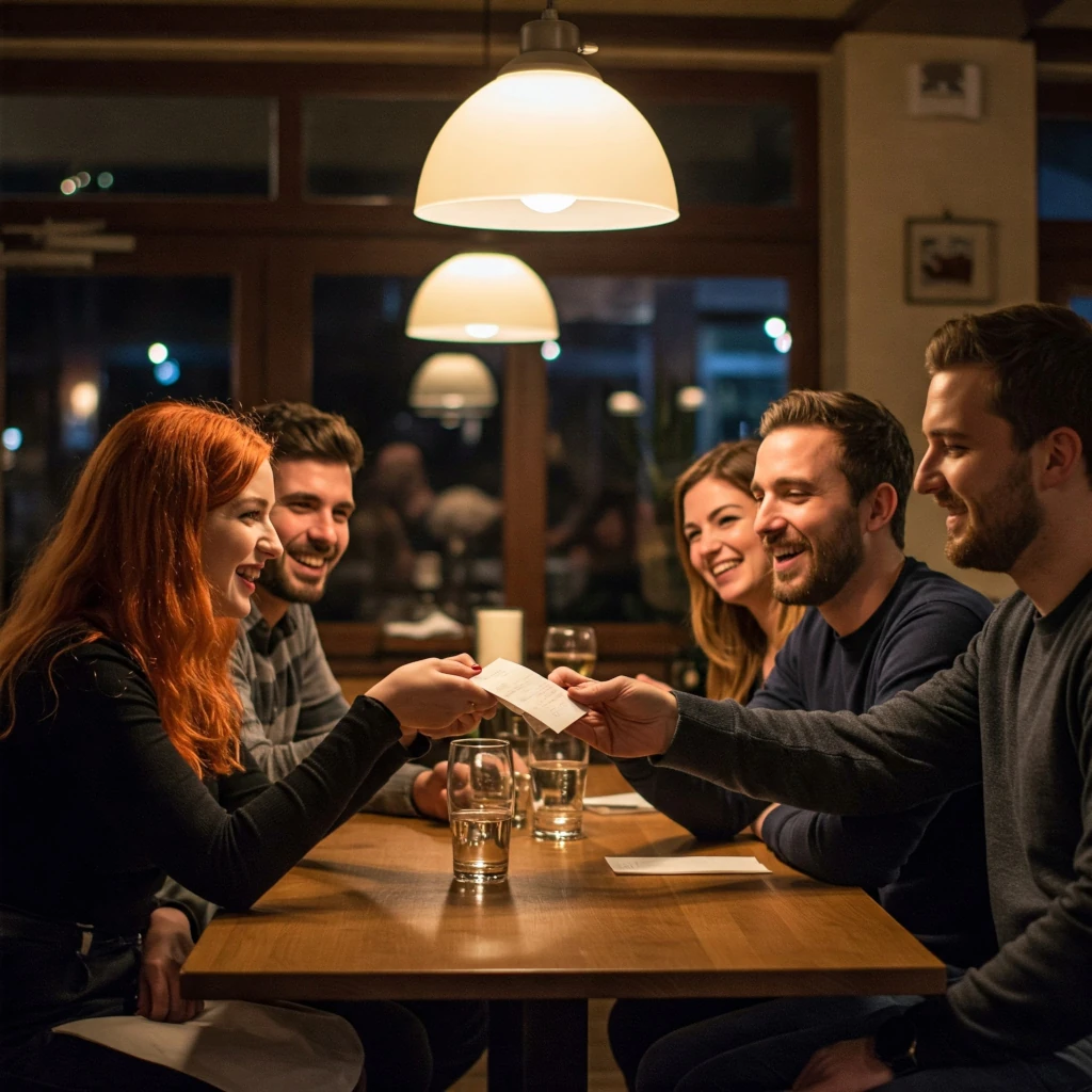 Friends sharing a bill after having dinner